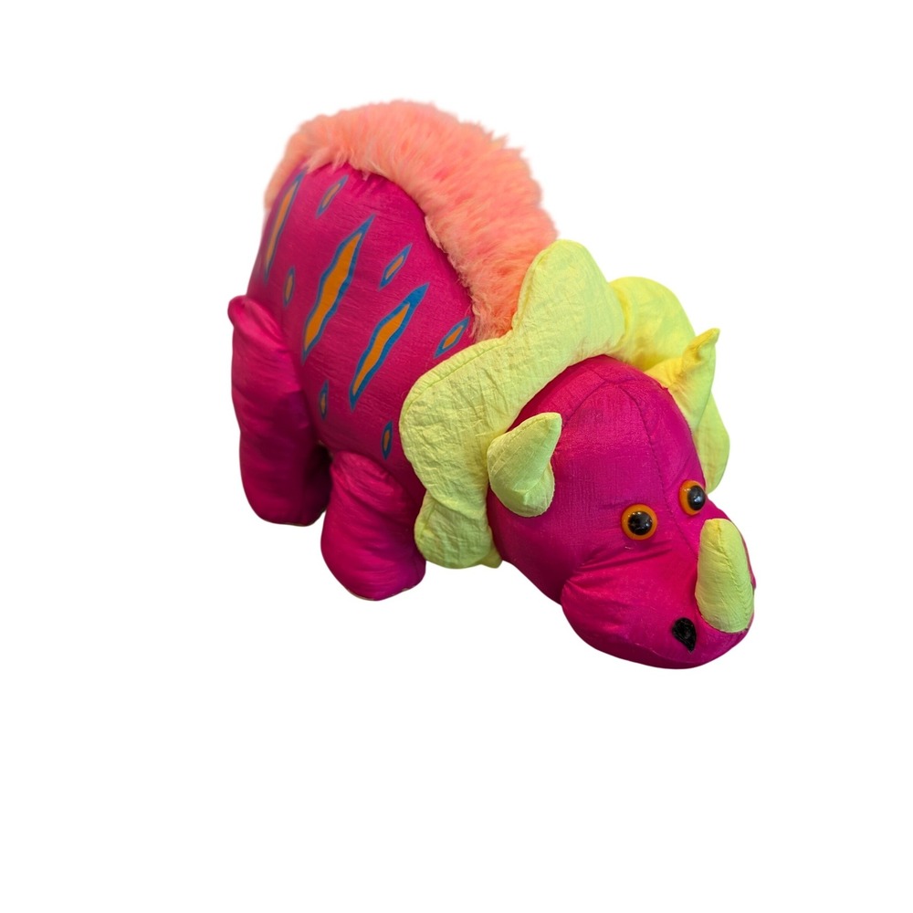Vintage 1993 Stuffins Triceratops Dinosaur Plush Neon Nylon Pink Yellow WORKS